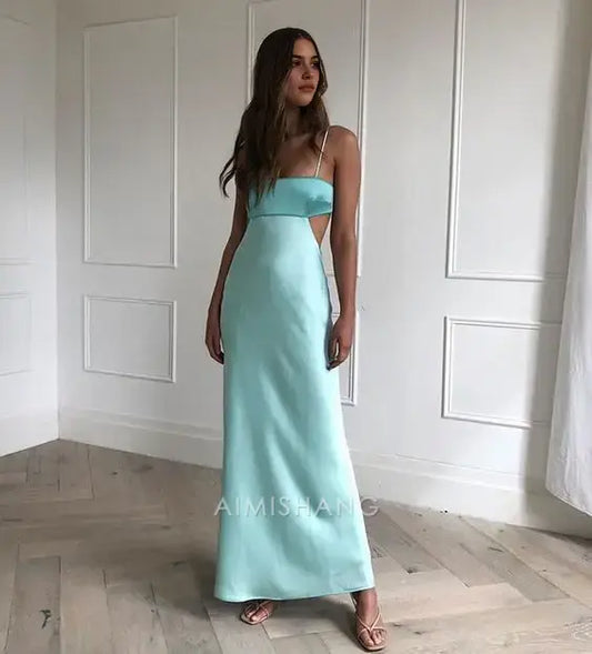 Aimishang Charming Sheath Spaghetti Straps Sleeveless Satin Formal Prom Dress Elegant Party Evening Gowns Sexy Graduation Dress