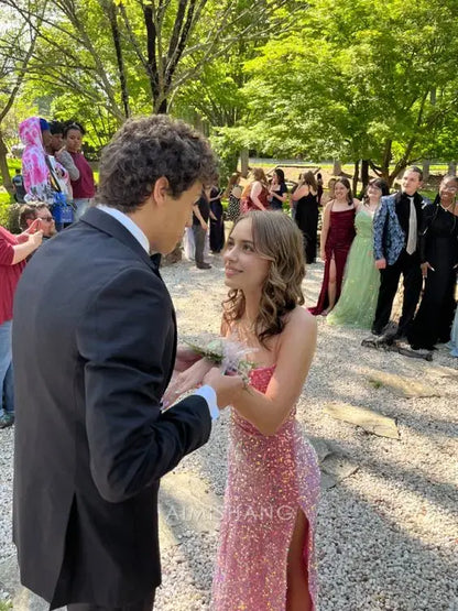 Aimishang Charming Sheath Spaghetti Straps Sleeveless Sequin Long Prom Dress Sparkly Evening Party Dress With Slit