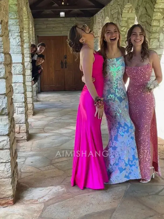 Aimishang Charming Sheath Spaghetti Straps Sleeveless Sequin Long Prom Dress Sparkly Evening Party Dress With Slit