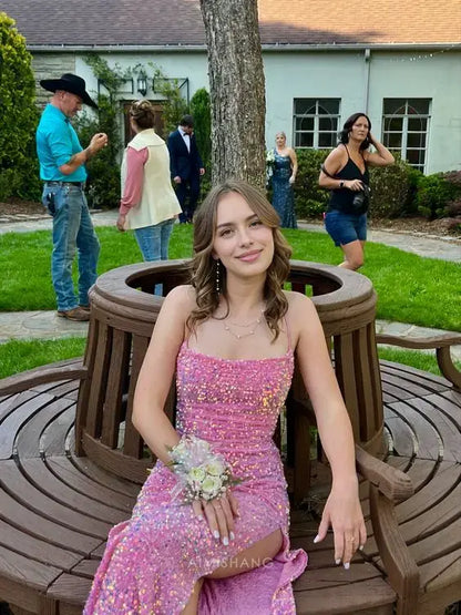 Aimishang Charming Sheath Spaghetti Straps Sleeveless Sequin Long Prom Dress Sparkly Evening Party Dress With Slit