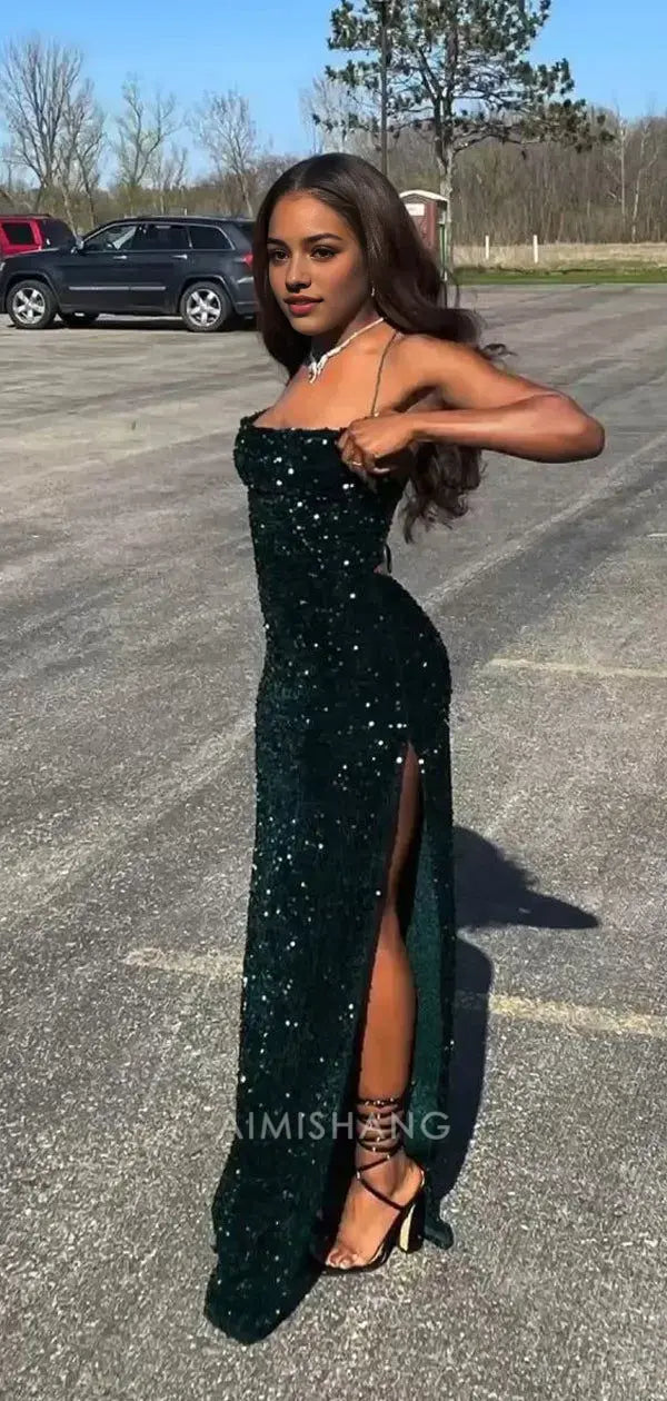 Aimishang Charming Sheath Spaghetti Straps Sleeveless Sequins Long Prom Dress Sparkly Formal Evening Party Dress With Slit