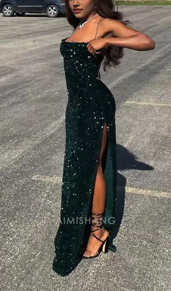 Aimishang Charming Sheath Spaghetti Straps Sleeveless Sequins Long Prom Dress Sparkly Formal Evening Party Dress With Slit