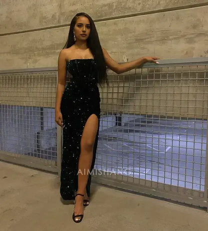 Aimishang Charming Sheath Strapless Black Sequin Long Formal Prom Dress With Slit Fashion Birthday Party Dress Sexy Evening Gowns