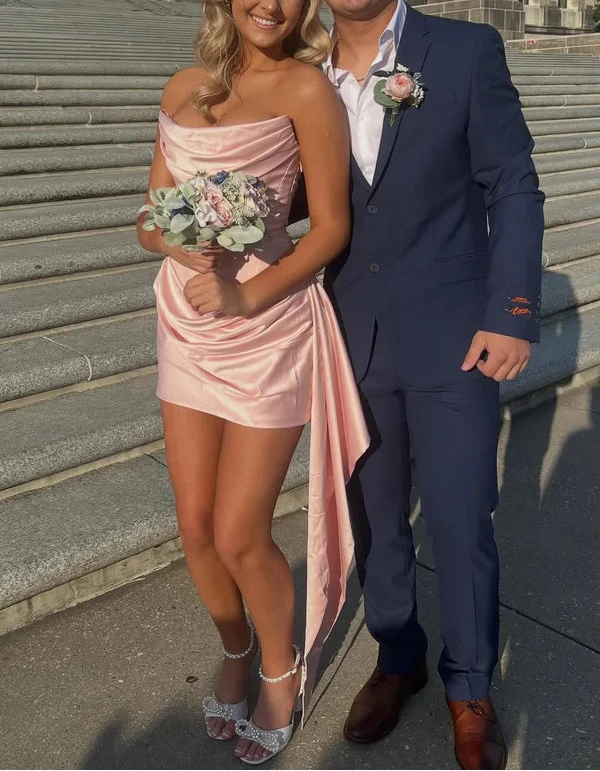 Aimishang Charming Sheath Strapless Cowl Neck Satin Sleeveless Short Homecoming Dress with Side Draping
