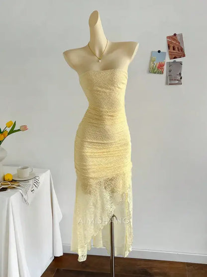 Aimishang Charming Sheath Strapless Lace Formal Prom Dress Elegant Evening Party Dress Chic Cocktail Dress