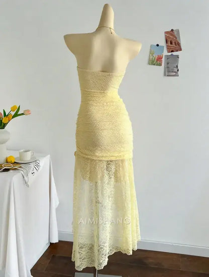 Aimishang Charming Sheath Strapless Lace Formal Prom Dress Elegant Evening Party Dress Chic Cocktail Dress