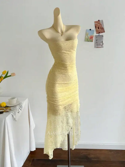 Aimishang Charming Sheath Strapless Lace Formal Prom Dress Elegant Evening Party Dress Chic Cocktail Dress