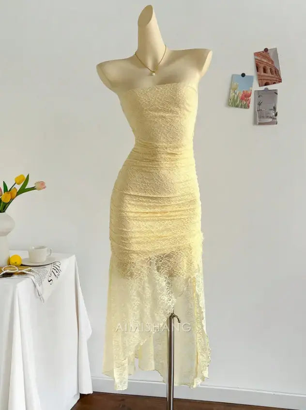 Aimishang Charming Sheath Strapless Lace Formal Prom Dress Elegant Evening Party Dress Chic Cocktail Dress