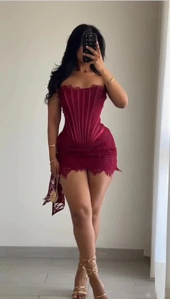 Aimishang Charming Sheath Strapless Lace Sleeveless Short Summer Birthday Party Dress Fashion Mini Graduation Homecoming Dress