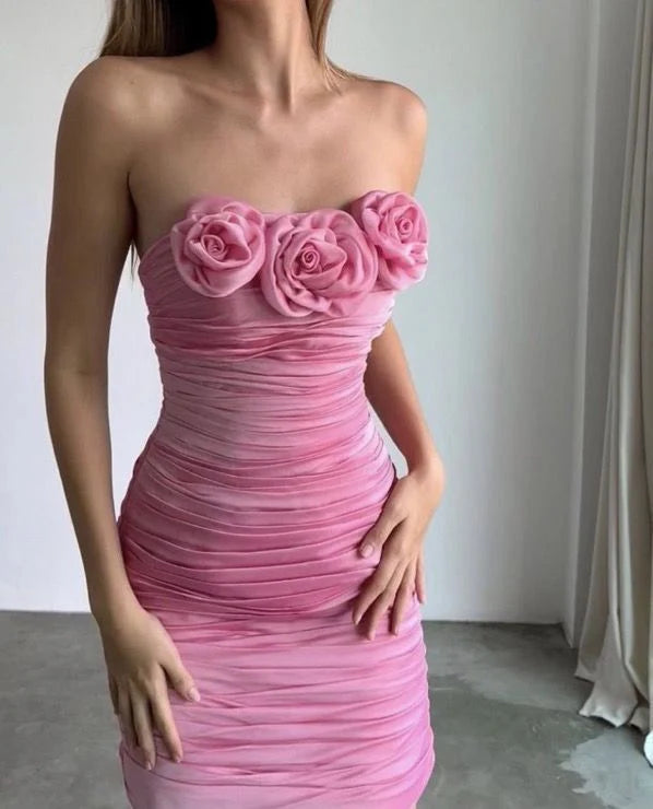 Aimishang Charming Sheath Strapless Ruched Short Homecoming Dress Sweet Party Prom Dress with Flowers