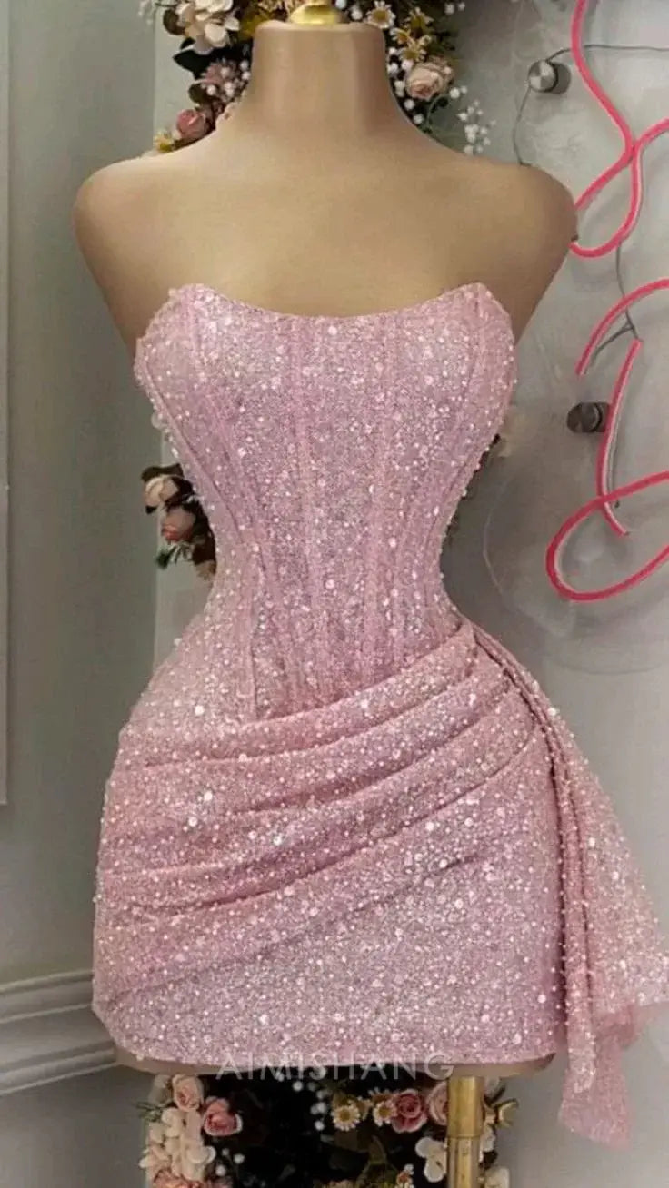 Aimishang Charming Sheath Strapless Short Prom Dress Lovely Homecoming Dress Sparkly Birthday Party Dress