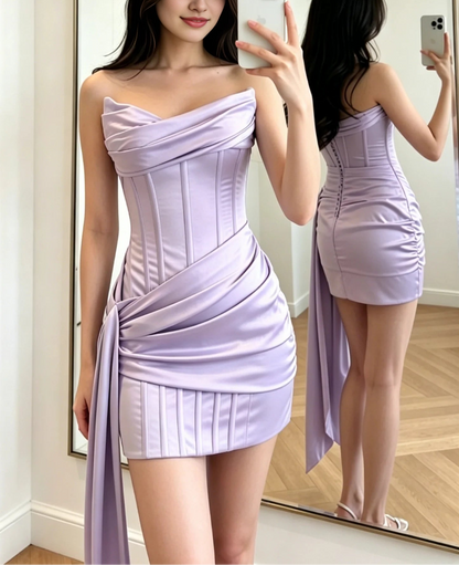 Charming Sheath Strapless Sleeveless Draped Corset Satin Short Length Homecoming Dress
