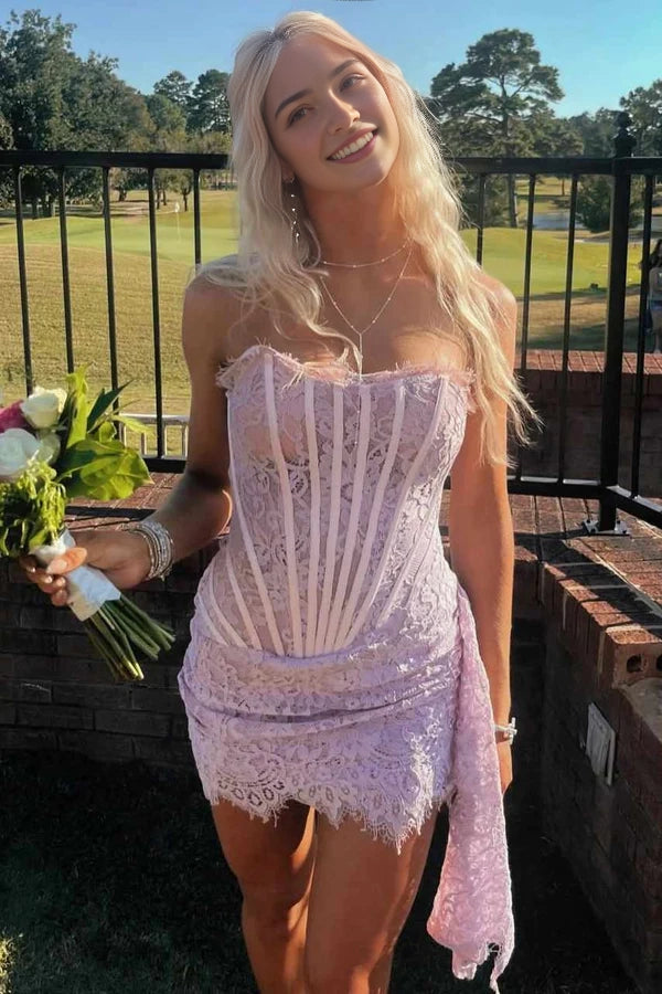 Aimishang Charming Sheath Strapless Sleeveless Lace Short Party Homecoming Dress with Side Drape
