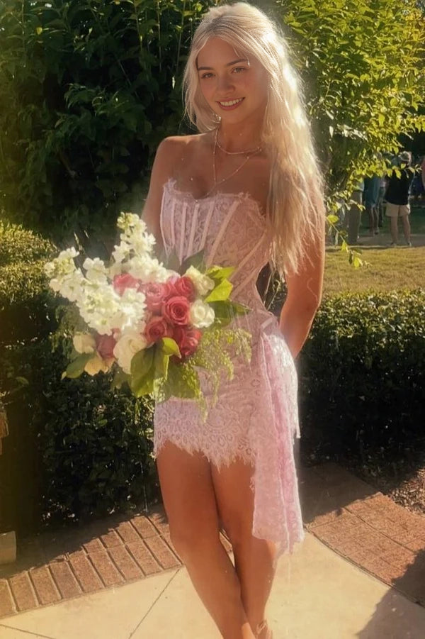 Aimishang Charming Sheath Strapless Sleeveless Lace Short Party Homecoming Dress with Side Drape