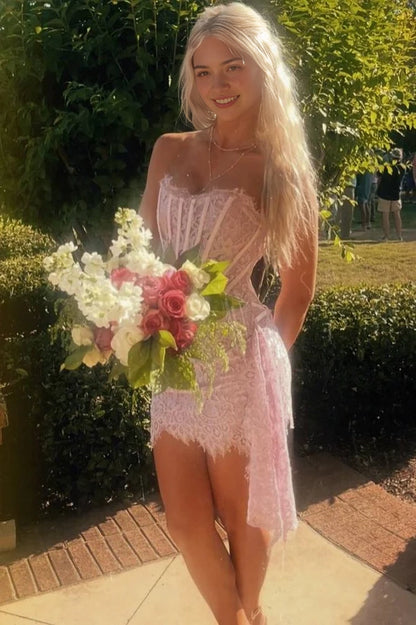 Aimishang Charming Sheath Strapless Sleeveless Lace Short Party Homecoming Dress with Side Drape