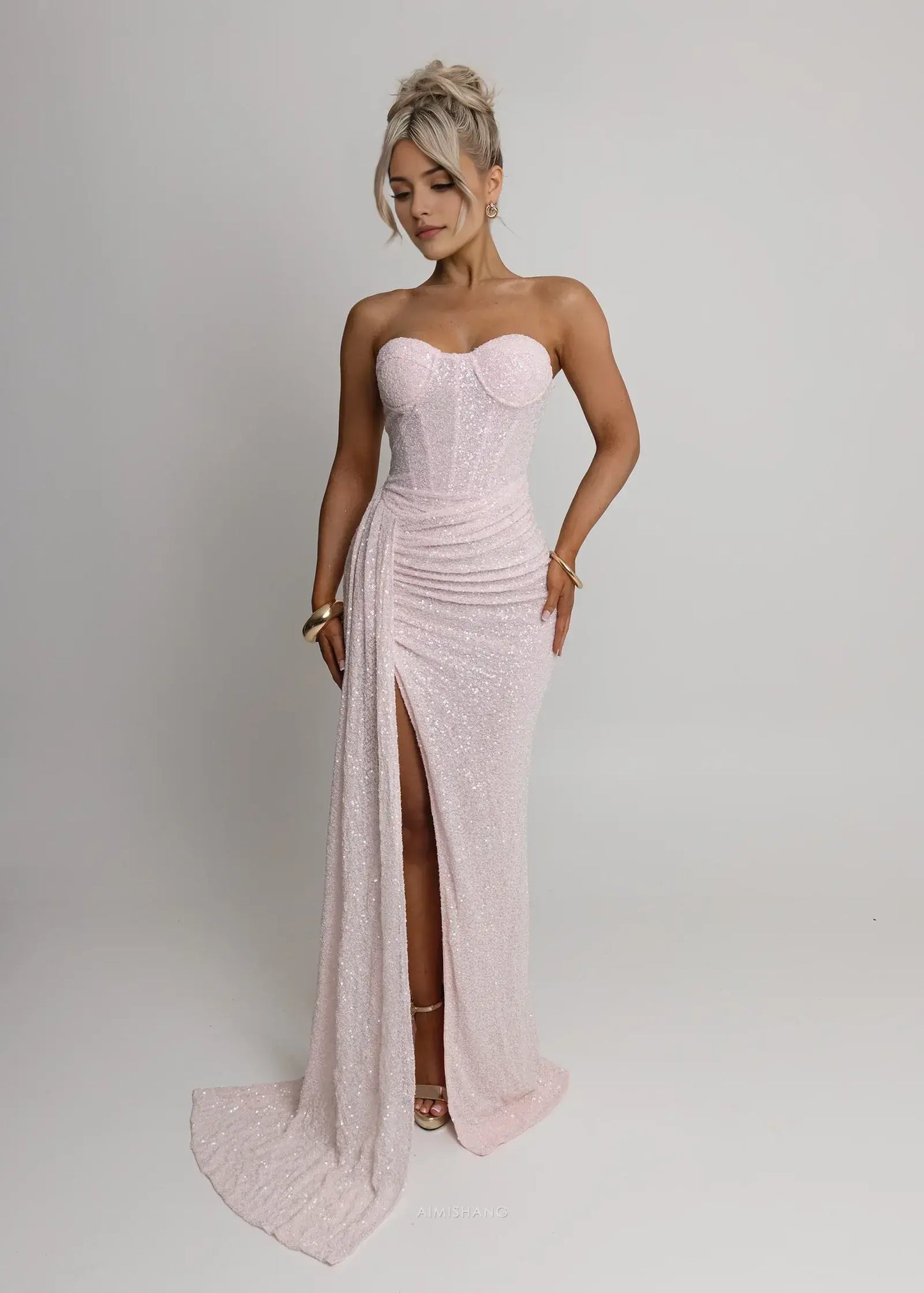 Aimishang Charming Sheath Strapless Sleeveless Long Formal Prom Dresses With Slit Lovely Graduation Dress Sparkly Party Evening Gowns