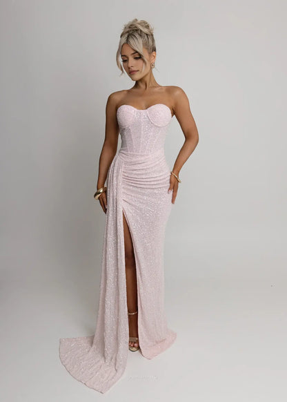 Aimishang Charming Sheath Strapless Sleeveless Long Formal Prom Dresses With Slit Lovely Graduation Dress Sparkly Party Evening Gowns