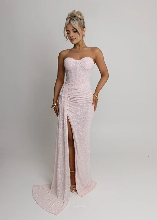 Aimishang Charming Sheath Strapless Sleeveless Long Formal Prom Dresses With Slit Lovely Graduation Dress Sparkly Party Evening Gowns