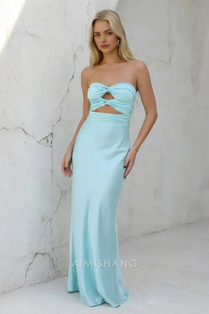 Aimishang Charming Sheath Strapless Sleeveless Satin Lace Up Back Long Formal Prom Dresses Fashion Graduation Dress Elegant Party Evening Gowns