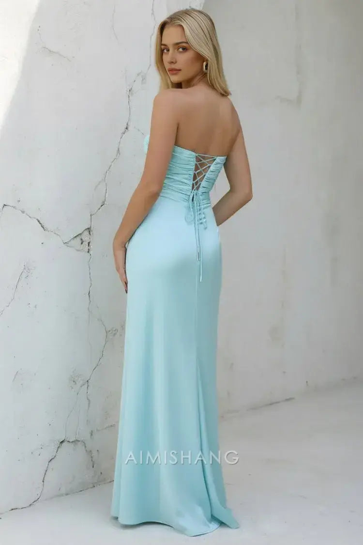 Aimishang Charming Sheath Strapless Sleeveless Satin Lace Up Back Long Formal Prom Dresses Fashion Graduation Dress Elegant Party Evening Gowns