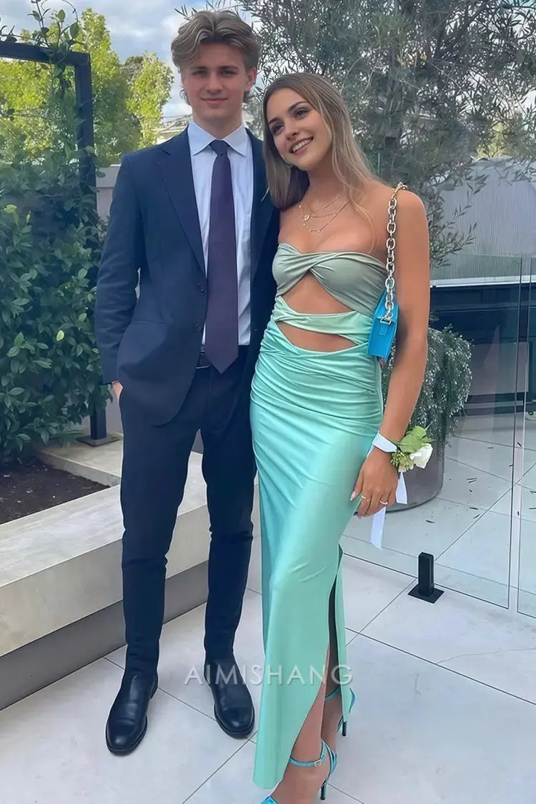 Aimishang Charming Sheath Strapless Sleeveless Satin Long Formal Prom Dresses With Cutout Lovely Graduation Dress Fashion Party Evening Gowns
