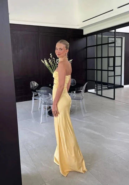 Aimishang Charming Sheath Strapless Yellow Satin Party Evening Gown Sexy Long Prom Dress Elegant Graduation Dress