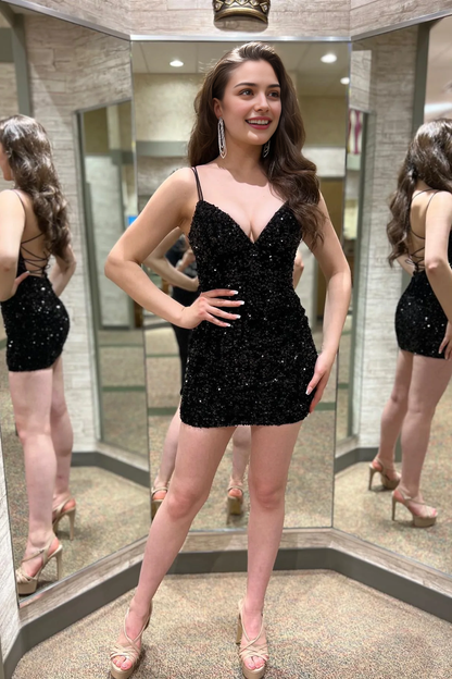 Aimishang Charming Sheath Straps V-neck Sequin Homecoming Dress Sexy Graduation Dress Short Birthday Party Dress