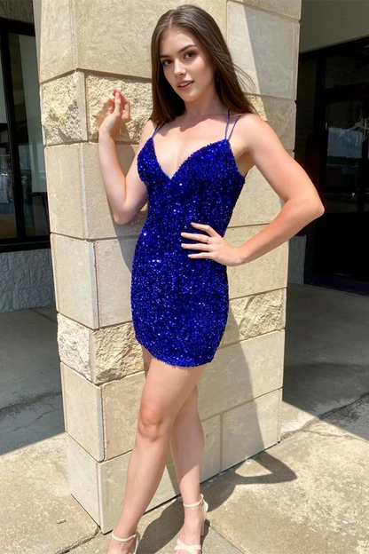 Aimishang Charming Sheath Straps V-neck Sequin Homecoming Dress Sexy Graduation Dress Short Birthday Party Dress