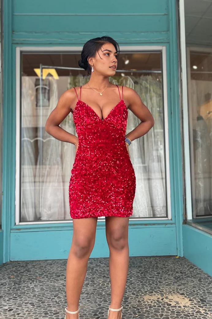 Aimishang Charming Sheath Straps V-neck Sequin Homecoming Dress Sexy Graduation Dress Short Birthday Party Dress