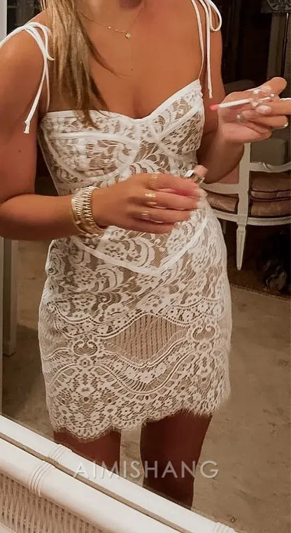 Aimishang Charming Sheath Tie Straps Lace Homecoming Dress Elegant Birthday Party Dress Short Prom Dress