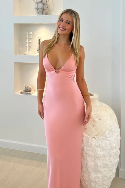 Charming Sheath V-Neck Spaghetti Straps Sleeveless Satin Long Party Dress