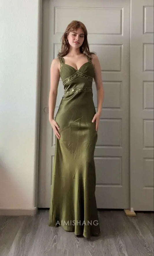 Aimishang Charming Sleeveless Satin Beaded Long Formal Prom Dress Elegant Evening Party Dress