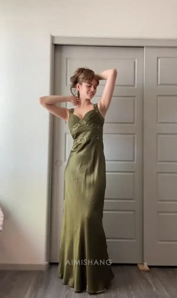 Aimishang Charming Sleeveless Satin Beaded Long Formal Prom Dress Elegant Evening Party Dress