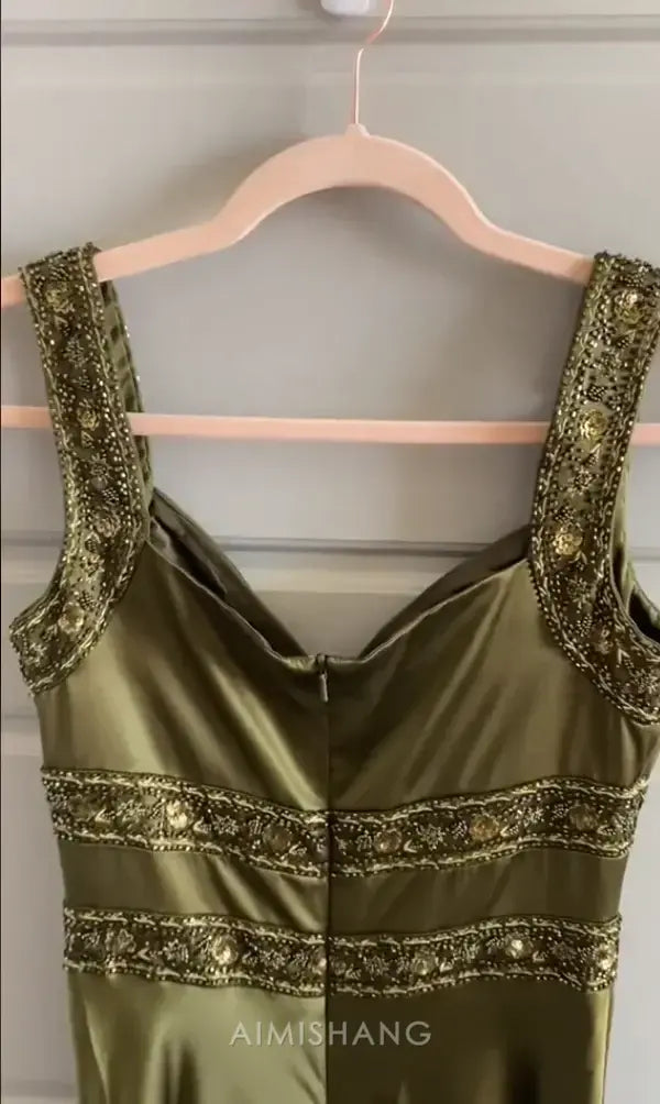 Aimishang Charming Sleeveless Satin Beaded Long Formal Prom Dress Elegant Evening Party Dress