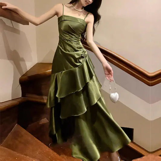 Aimishang Charming Spaghetti Straps Green Tiered Ruffles Party Evening Dress Elegant Sleeveless Long Formal Prom Dress