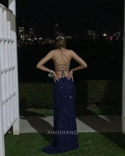 Aimishang Charming Spaghetti Straps Sleeveless Blue Sequin Long Formal Prom Dress With Slit Sparkly Graduation Dress Sexy Party Evening Gowns
