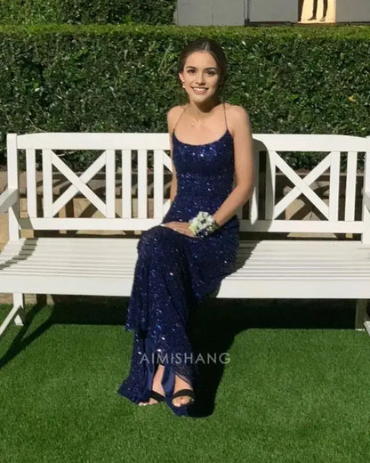 Aimishang Charming Spaghetti Straps Sleeveless Blue Sequin Long Formal Prom Dress With Slit Sparkly Graduation Dress Sexy Party Evening Gowns