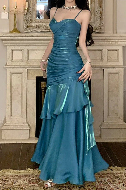 Aimishang Charming Spaghetti Straps Sweetheart Sleeveless Ruffle Long Formal Prom Dress Elegant Blue Evening Party Dress