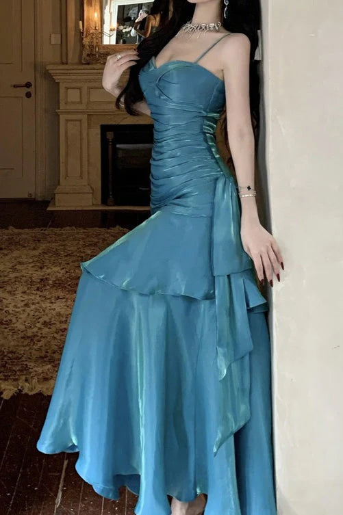 Aimishang Charming Spaghetti Straps Sweetheart Sleeveless Ruffle Long Formal Prom Dress Elegant Blue Evening Party Dress