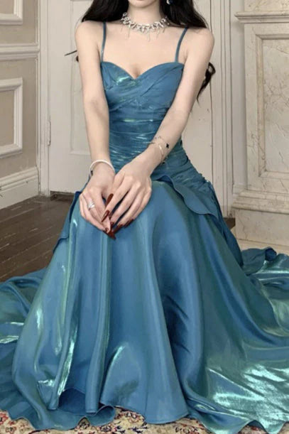 Aimishang Charming Spaghetti Straps Sweetheart Sleeveless Ruffle Long Formal Prom Dress Elegant Blue Evening Party Dress