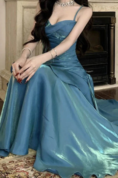Aimishang Charming Spaghetti Straps Sweetheart Sleeveless Ruffle Long Formal Prom Dress Elegant Blue Evening Party Dress