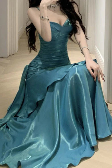 Aimishang Charming Spaghetti Straps Sweetheart Sleeveless Ruffle Long Formal Prom Dress Elegant Blue Evening Party Dress