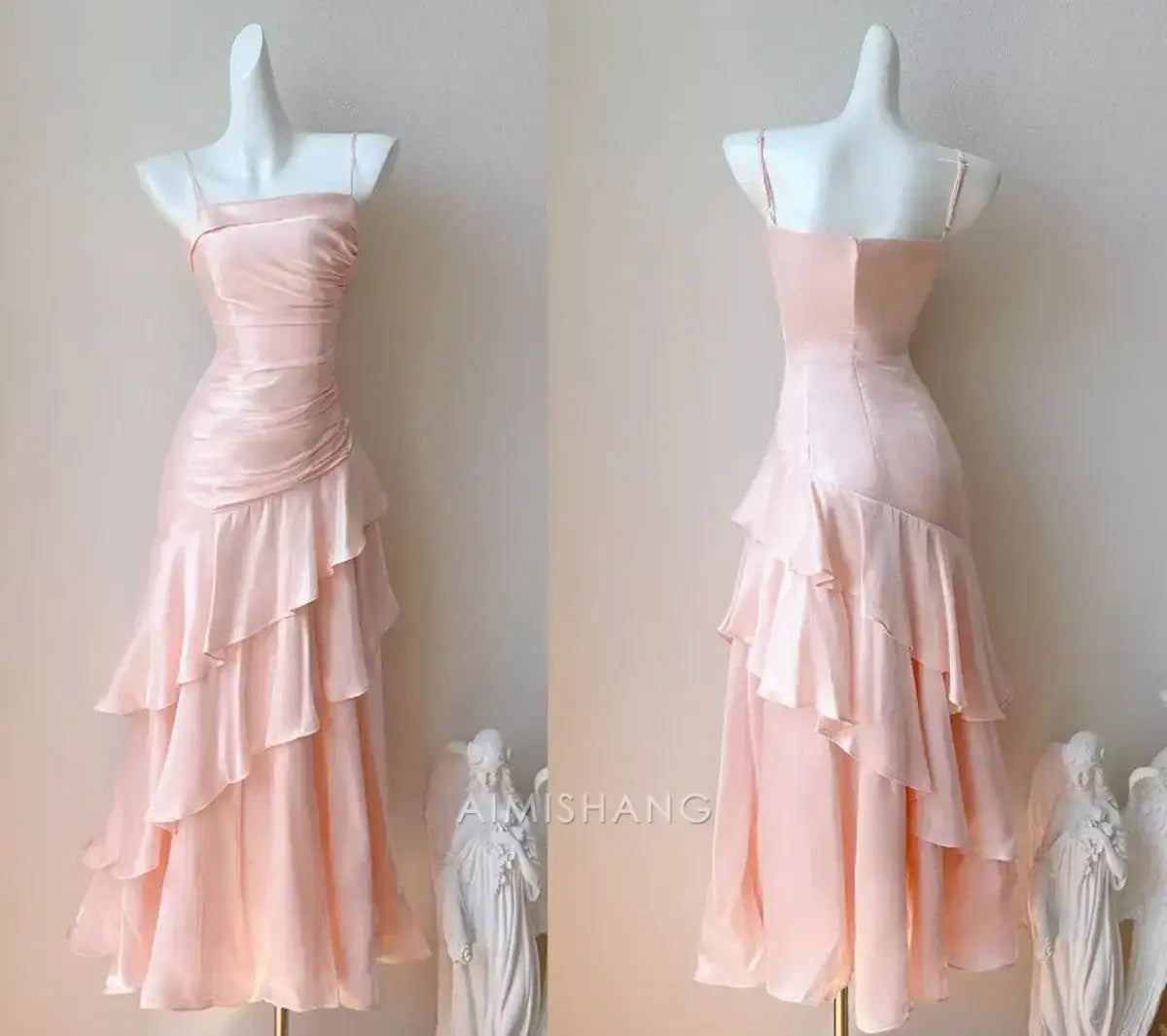 Aimishang Charming Spaghetti Straps Tiered Pleated Sleeveless Long Formal Prom Dress Chic Graduation Wedding Guest Dress Elegant Party Evening Gowns
