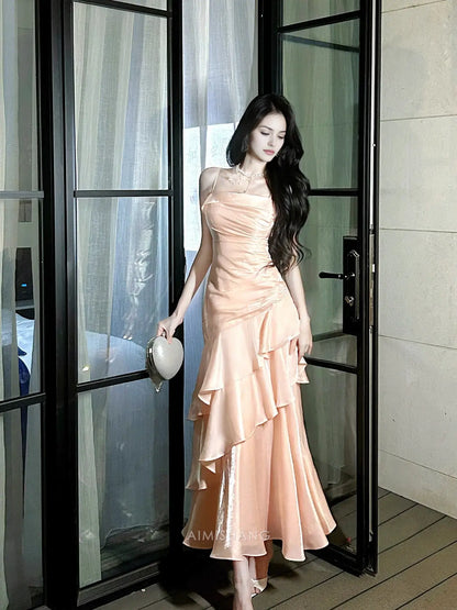 Aimishang Charming Spaghetti Straps Tiered Pleated Sleeveless Long Formal Prom Dress Chic Graduation Wedding Guest Dress Elegant Party Evening Gowns