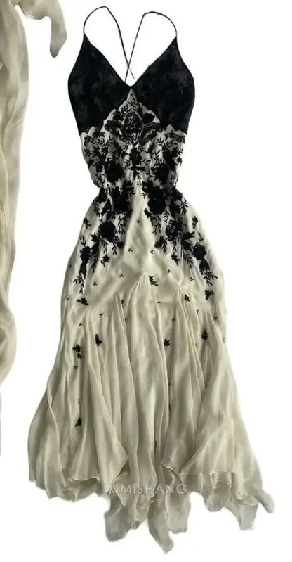 Aimishang Charming Spaghetti Straps V-neck Sleeveless Formal Prom Dress Elegant Evening Party Dress with Appliques