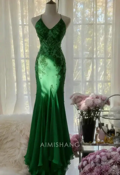 Aimishang Charming Spaghetti Straps V-neck Sleeveless Formal Prom Dress with Appliques Elegant Evening Party Dress Chic Wedding Guest Dress