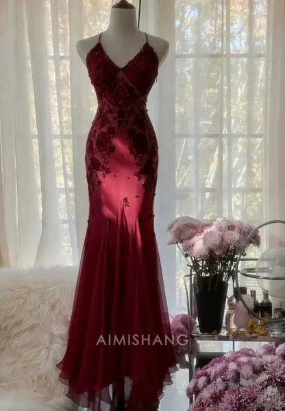 Aimishang Charming Spaghetti Straps V-neck Sleeveless Formal Prom Dress with Appliques Elegant Evening Party Dress Chic Wedding Guest Dress
