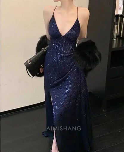 Aimishang Charming V-neck Spaghetti Straps Sleeveless Sequin Formal Prom Dress Shiny Party Evening Gowns Sexy Graduation Dress With Slit