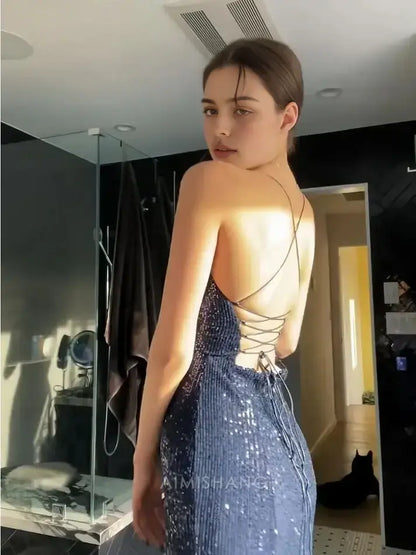 Aimishang Charming Spaghetti Straps V-neck Sleeveless Sequin Formal Prom Dress Shiny Party Evening Gowns Sexy Graduation Dress With Slit