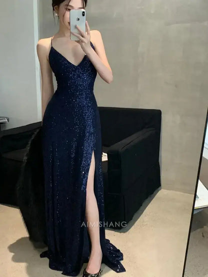 Aimishang Charming V-neck Spaghetti Straps Sleeveless Sequin Formal Prom Dress Shiny Party Evening Gowns Sexy Graduation Dress With Slit